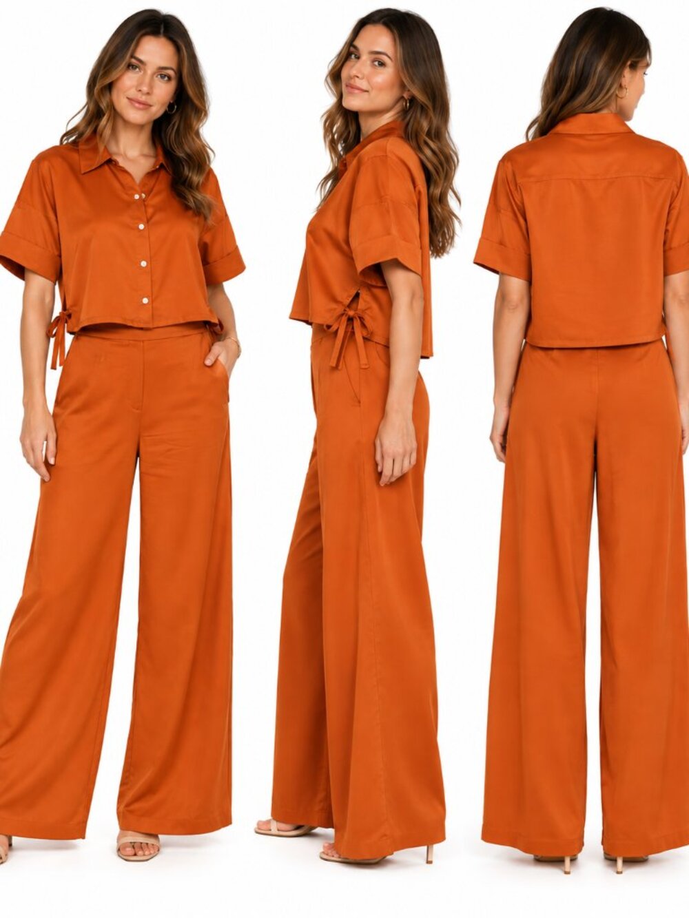 House of Harlow 1960 2 Piece Satin Burnt Orange Crop Top Wide Leg Pants Sz S